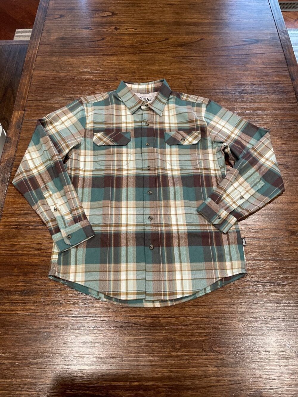 Eddie Bauer Plaid Shirt Men's M Button Down Teal Brown Pockets Stretch Outdoor